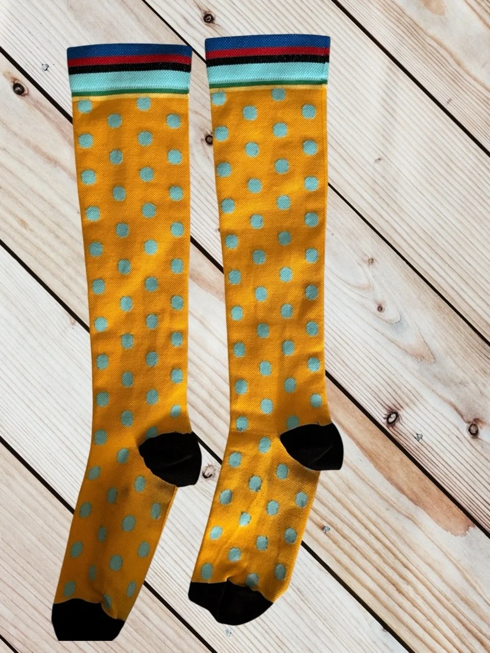Fun Yellow & Blue Polka Dot compression Socks – Colorful Striped Cuf